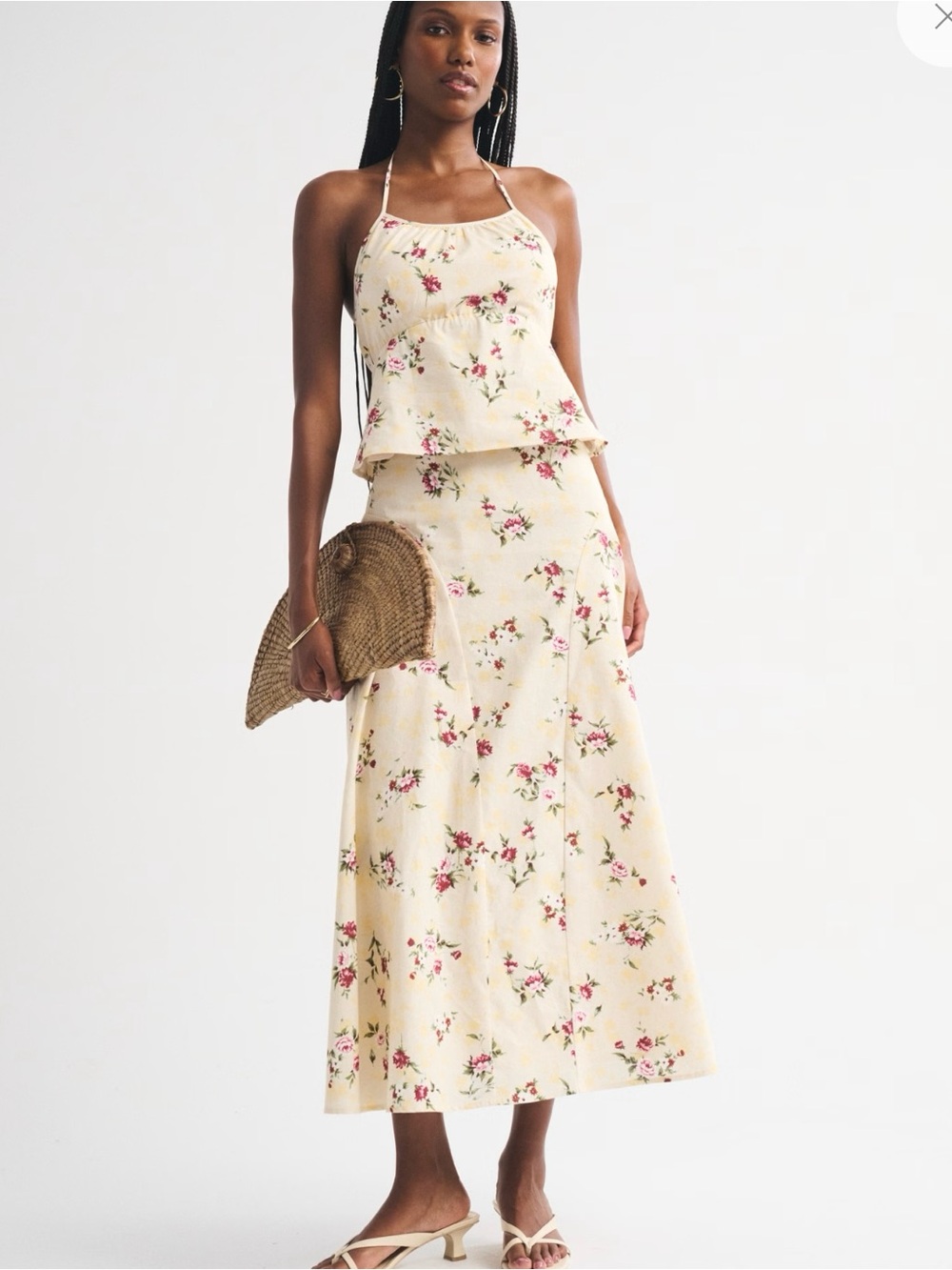 Abercrombie & Fitch Cream Floral Maxi Skirt with Pink Accent